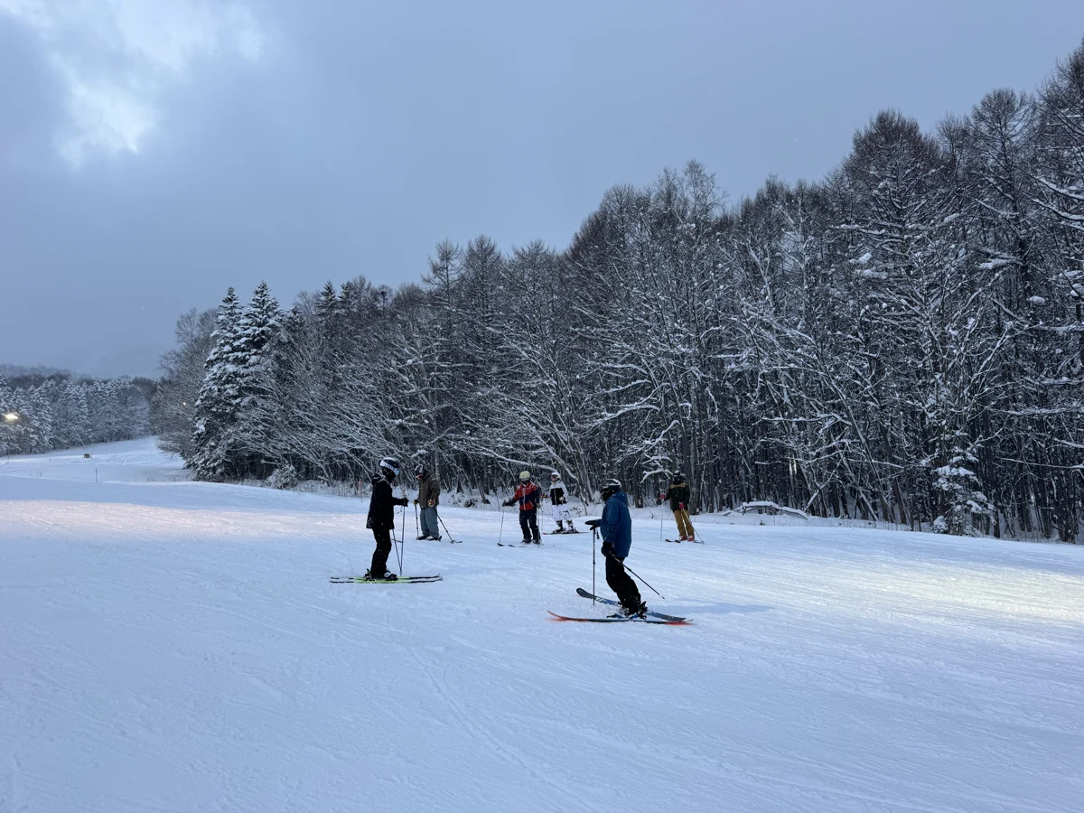 新潟妙高雪道上，滑行者在雪林旁準備練習